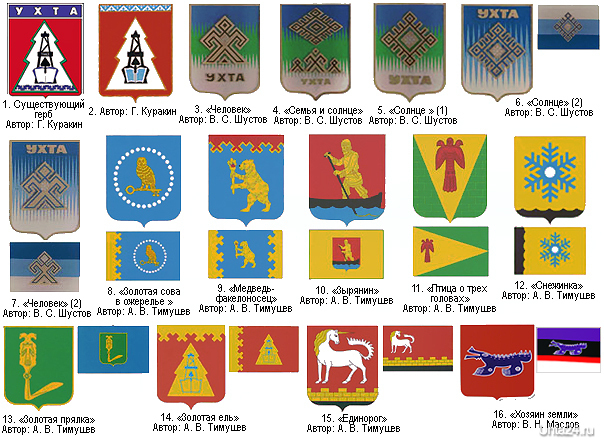 На фото представлен существующий герб и 15 эскизов (15 макетов герба и 11 разработок флага).  Ухта